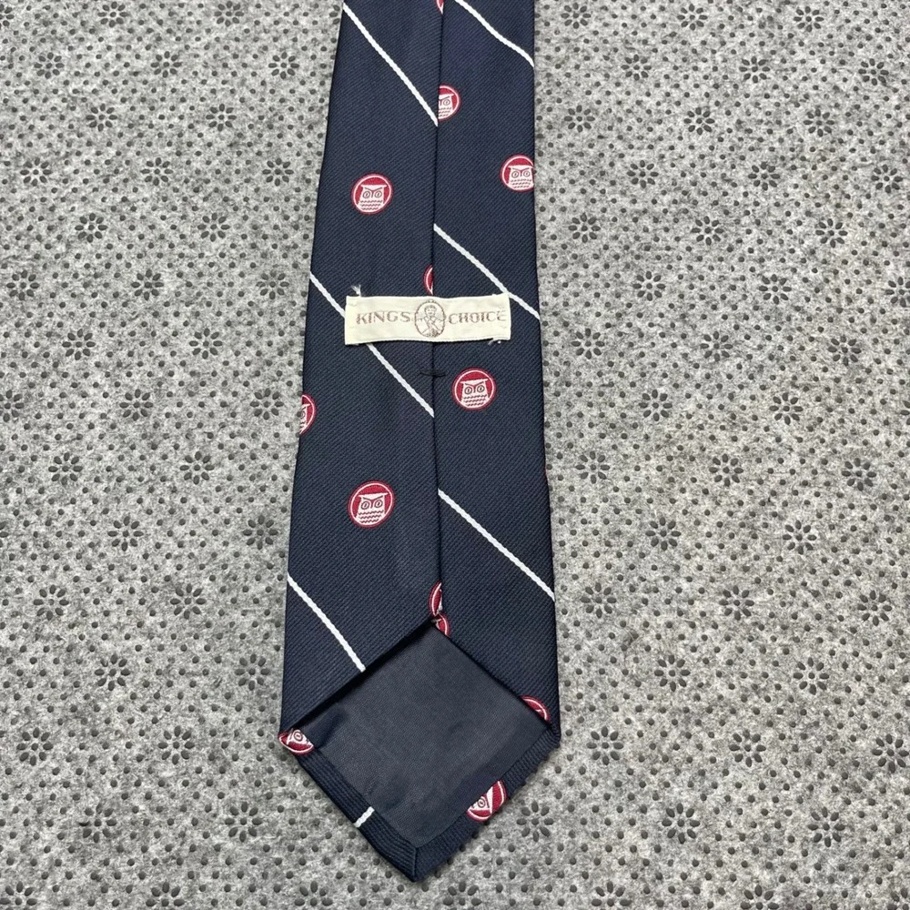 Vintage Kings Choice Mens Navy Blue Striped Owl Crest Silk Blend Tie
